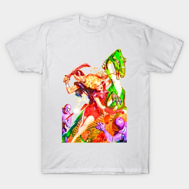women warrior, alien reptile, sword of fire, planet, the dead star, retro comic vintage pin up girl T-Shirt by REVISTANGO
